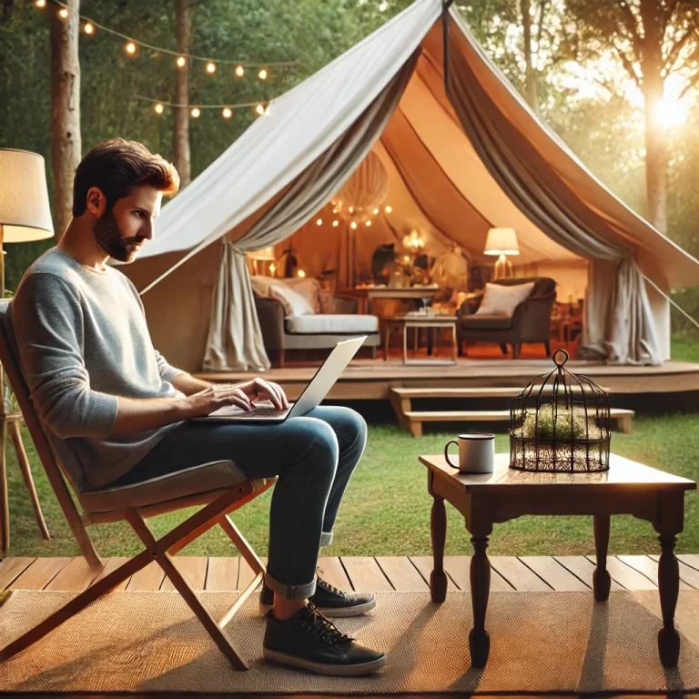 a man sitting in a chair with a laptop in front of a tent