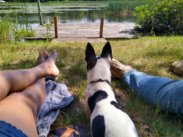 pes ležící mezi ženou a mužem u vody. Koukající na jezero